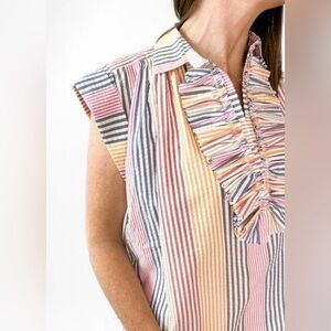 A Shirt Thing Logan striped ruffle front short sleeve pink melon blouse sz s
